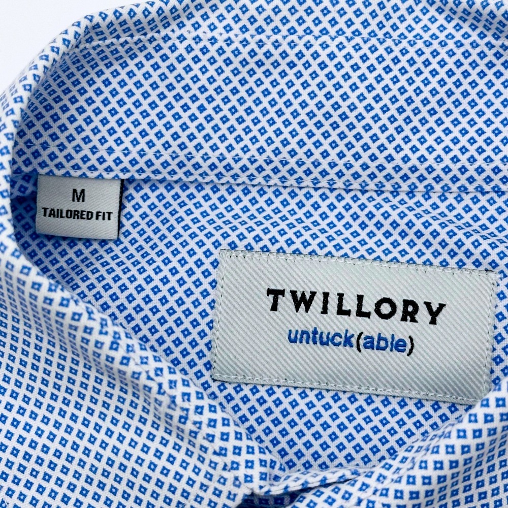 Twillory Untuckable Mens Blue White Geometric Tailored Fit Shirt Size M - Picture 3 of 9